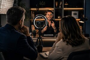 Consultor apresentando estratégia de posicionamento profissional em videochamada para dois executivos