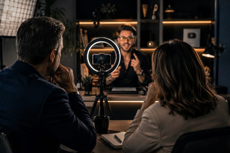 Consultor apresentando estratégia de posicionamento profissional em videochamada para dois executivos