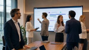 Equipe de liderança em reunião estratégica analisando dashboard de projeto com apoio de IA
