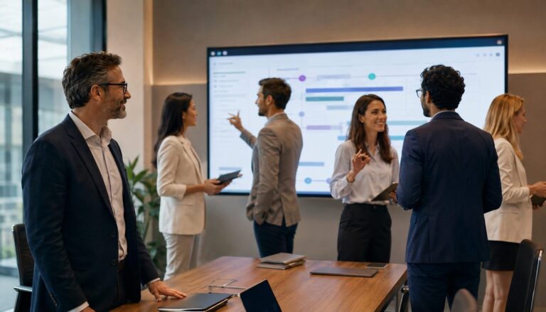 Equipe de liderança em reunião estratégica analisando dashboard de projeto com apoio de IA