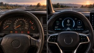 Comparação entre painel de carro antigo e painel digital moderno, simbolizando experiência x expertise profissional