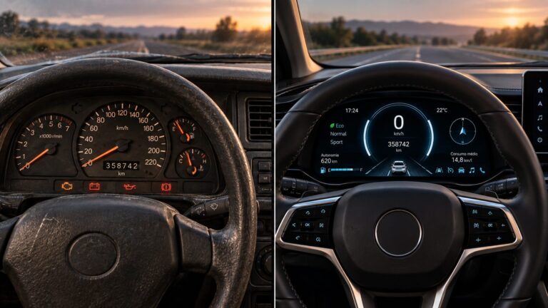 Comparação entre painel de carro antigo e painel digital moderno, simbolizando experiência x expertise profissional